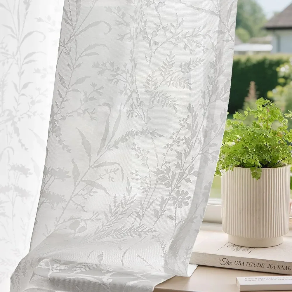 Set of 2 Curtain Panels, 52x54 Inch Semi Sheer (White, Leaf Pattern)